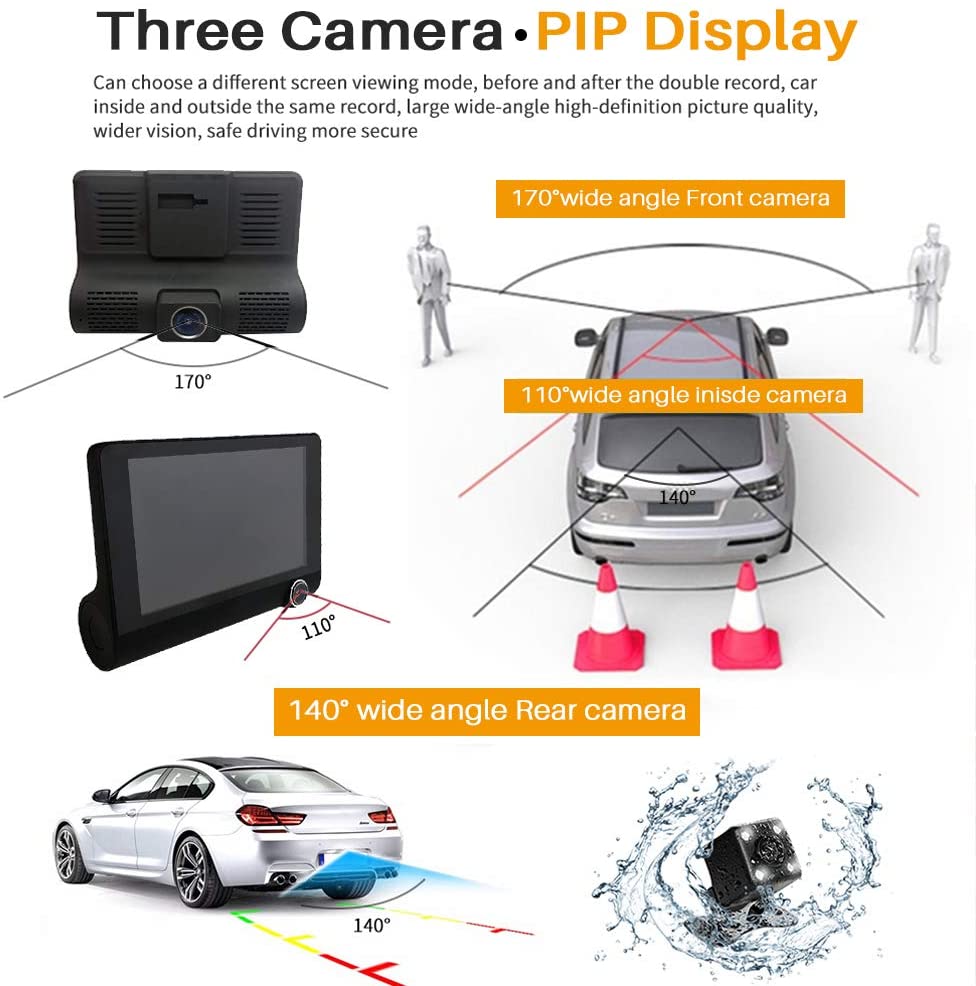 Car Dash Cam Front and Inside Video Recorder Rear Camera Dual Dash Cam with 4 inch Reverse Full Screen Driving Recorder DVR HD 1080P Night Vision Parking Mode Seamless Recording.