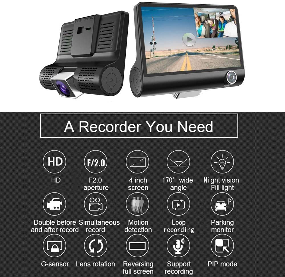 Car Dash Cam Front and Inside Video Recorder Rear Camera Dual Dash Cam with 4 inch Reverse Full Screen Driving Recorder DVR HD 1080P Night Vision Parking Mode Seamless Recording.