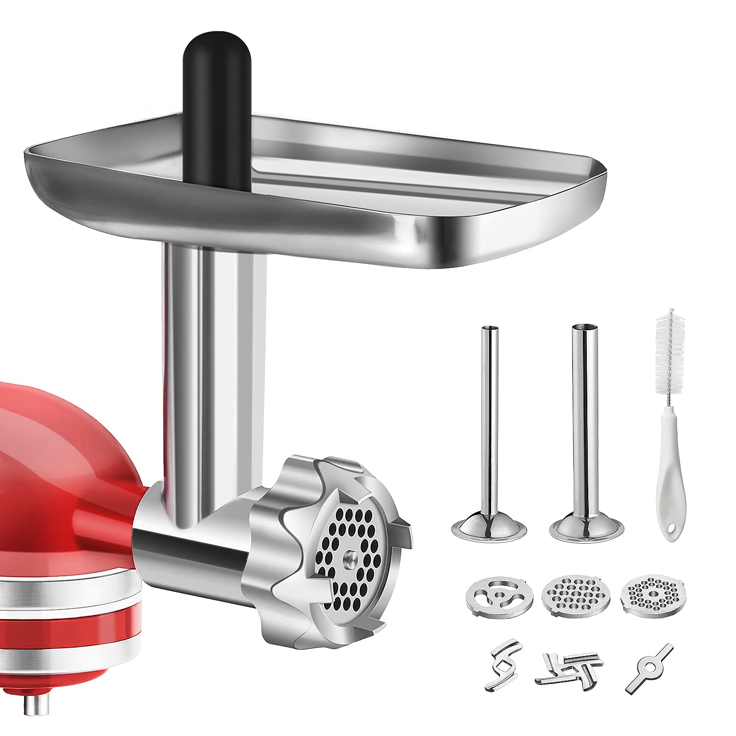 Metal Food Grinder Attachment for KitchenAid Stand Mixers, BQYPOWER Meat Grinder Attachment Included 2 Sausage Stuffer Tubes, 3 Grinding Blades, 3 Grinding Plates