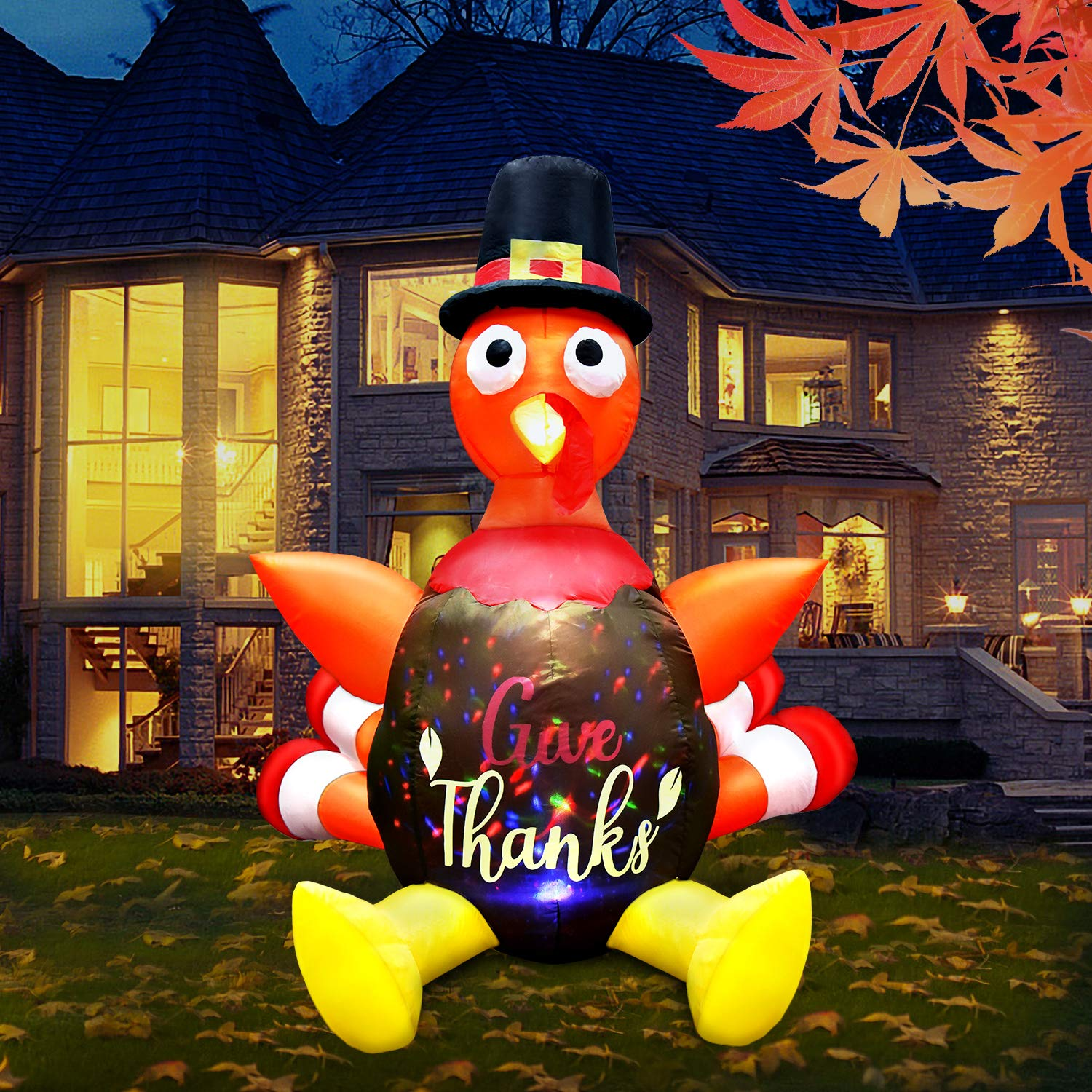 5FT Thanksgiving Inflatable Turkey with Pilgrim Hat, Built-in Rotating LED Colorful Lights Thanksgiving Autumn Decor, Blow up Lighted Outdoor Indoor Holiday Yard Lawn Decoration