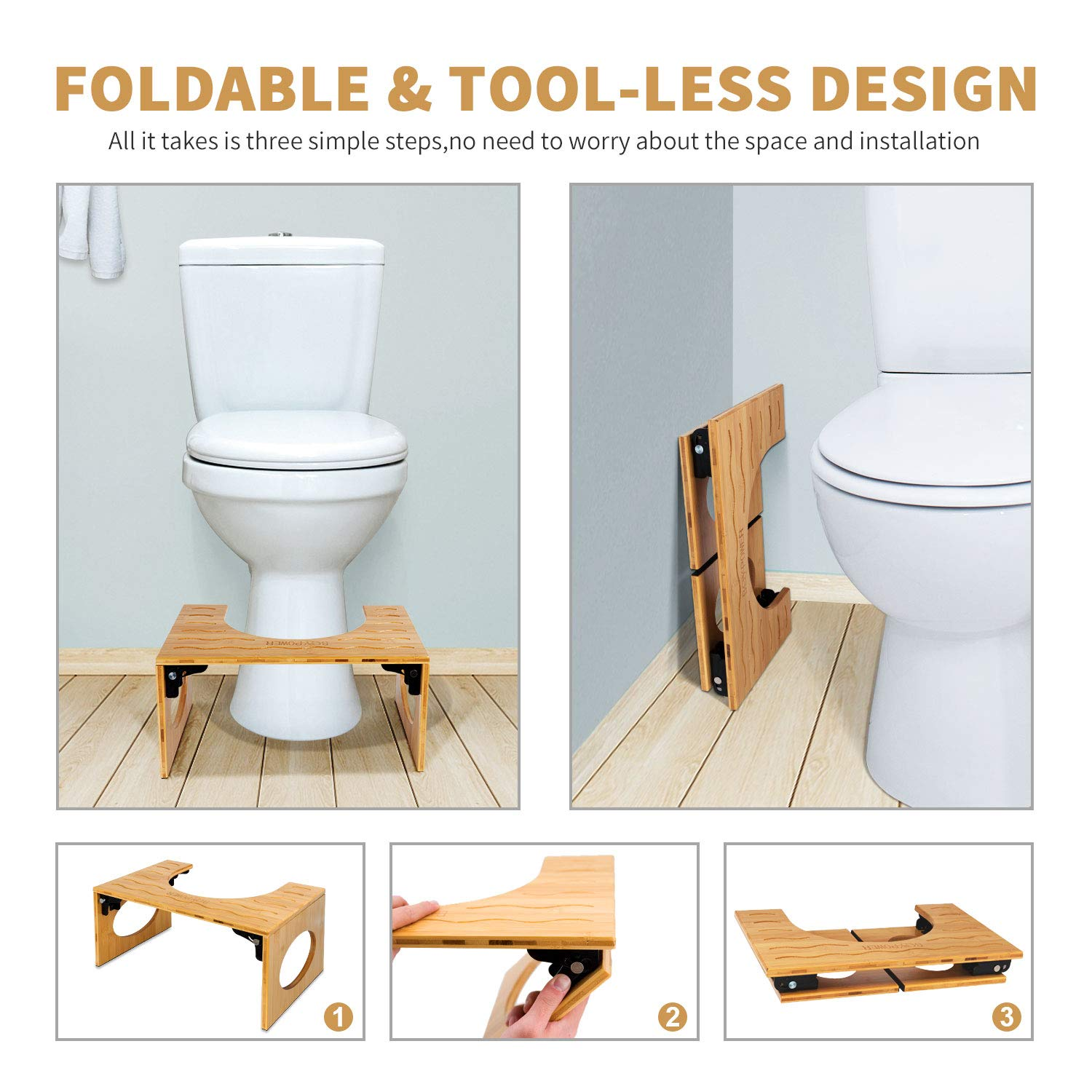 Squatting Toilet Stool, Bamboo 8 Inch Toilet Potty Stool, Foldable Bathroom Squatting Urinal with Non-Slip Mat for Adults Children