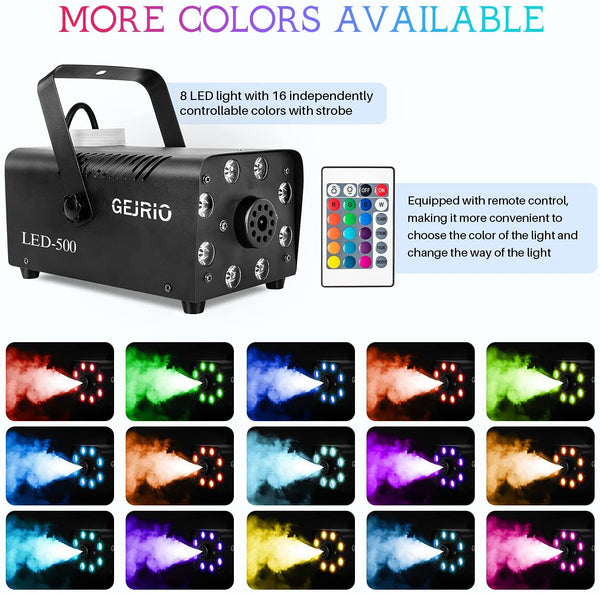 GEJRIO Fog Machine, 500W Smoke Machine with 16 Color Controllable Lights Effect, Wireless and Wired Remote Control with Preheating Light Indicator for Weddings, Halloween, Parties & Stage-Black