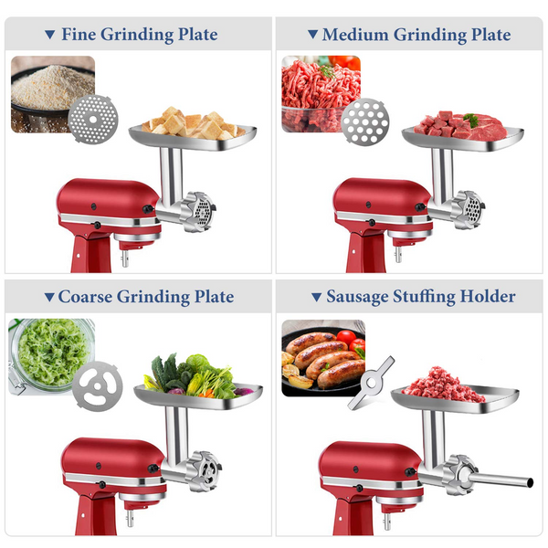 Metal Food Grinder Attachment for KitchenAid Stand Mixers, BQYPOWER Meat Grinder Attachment Included 2 Sausage Stuffer Tubes, 3 Grinding Blades, 3 Grinding Plates