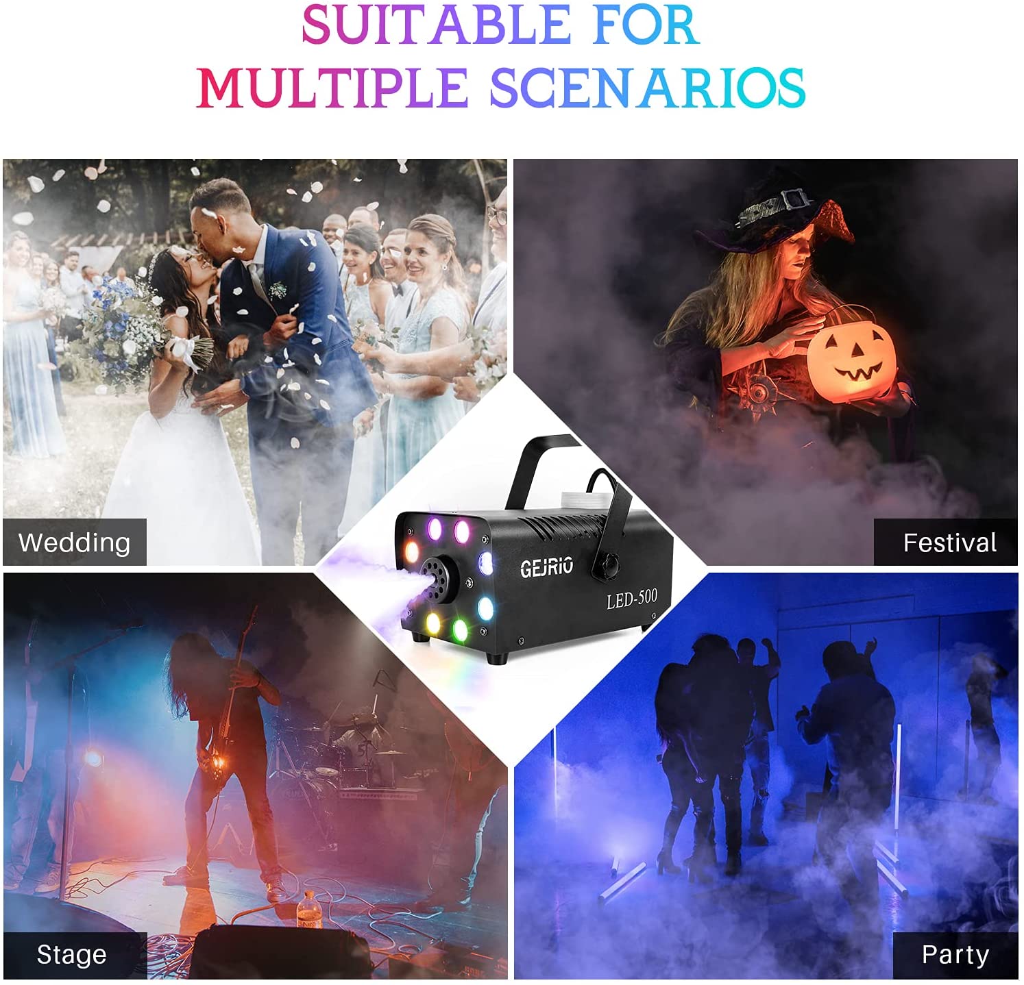 GEJRIO Fog Machine, 500W Smoke Machine with 16 Color Controllable Lights Effect, Wireless and Wired Remote Control with Preheating Light Indicator for Weddings, Halloween, Parties & Stage-Black