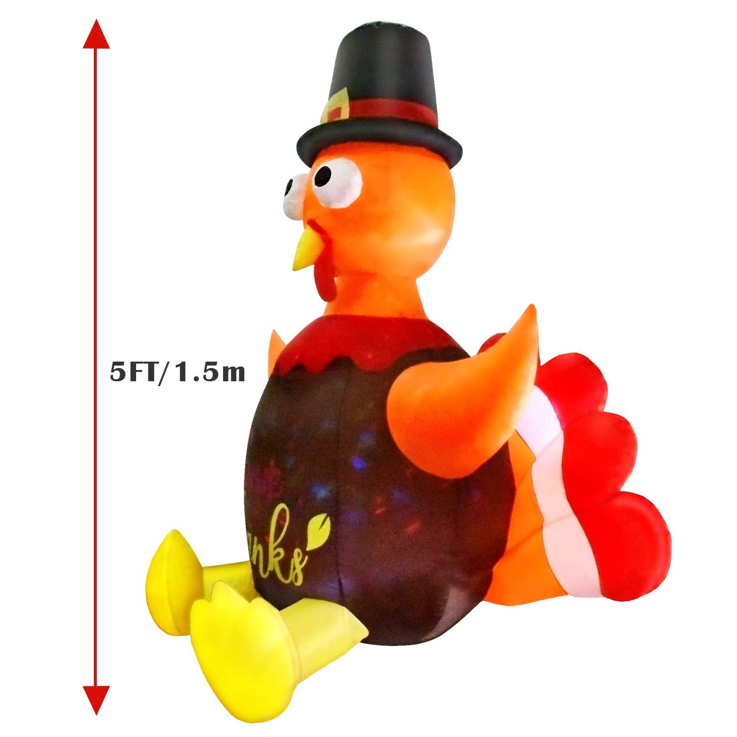 5FT Thanksgiving Inflatable Turkey with Pilgrim Hat, Built-in Rotating LED Colorful Lights Thanksgiving Autumn Decor, Blow up Lighted Outdoor Indoor Holiday Yard Lawn Decoration