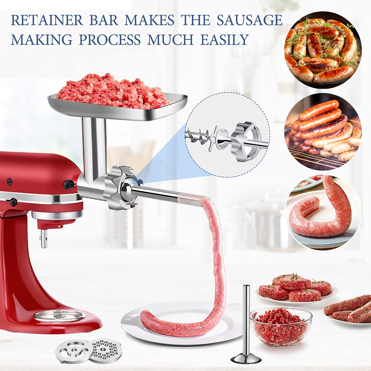 Metal Food Grinder Attachment for KitchenAid Stand Mixers, Meat Grinder for  Kitchen Aid Included 3 Sausage Stuffer Tubes, 4 Grinding Plates, 2
