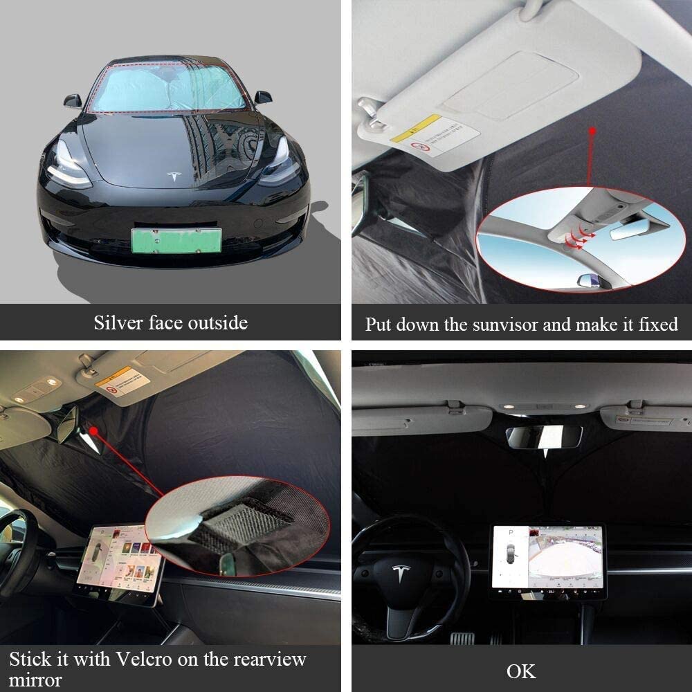 Front Windshield Sunshade Specially Designed to Fit Tesla Model 3/ Model Y, Foldable Sun Shade with a Storage Bag, Tesla Accessories