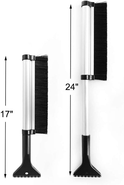 Extendable Telescoping Snow Brush - Ice Scraper for Car, Retracts from 24" to 17" for Easy Storage - Reaches Entire Windshield