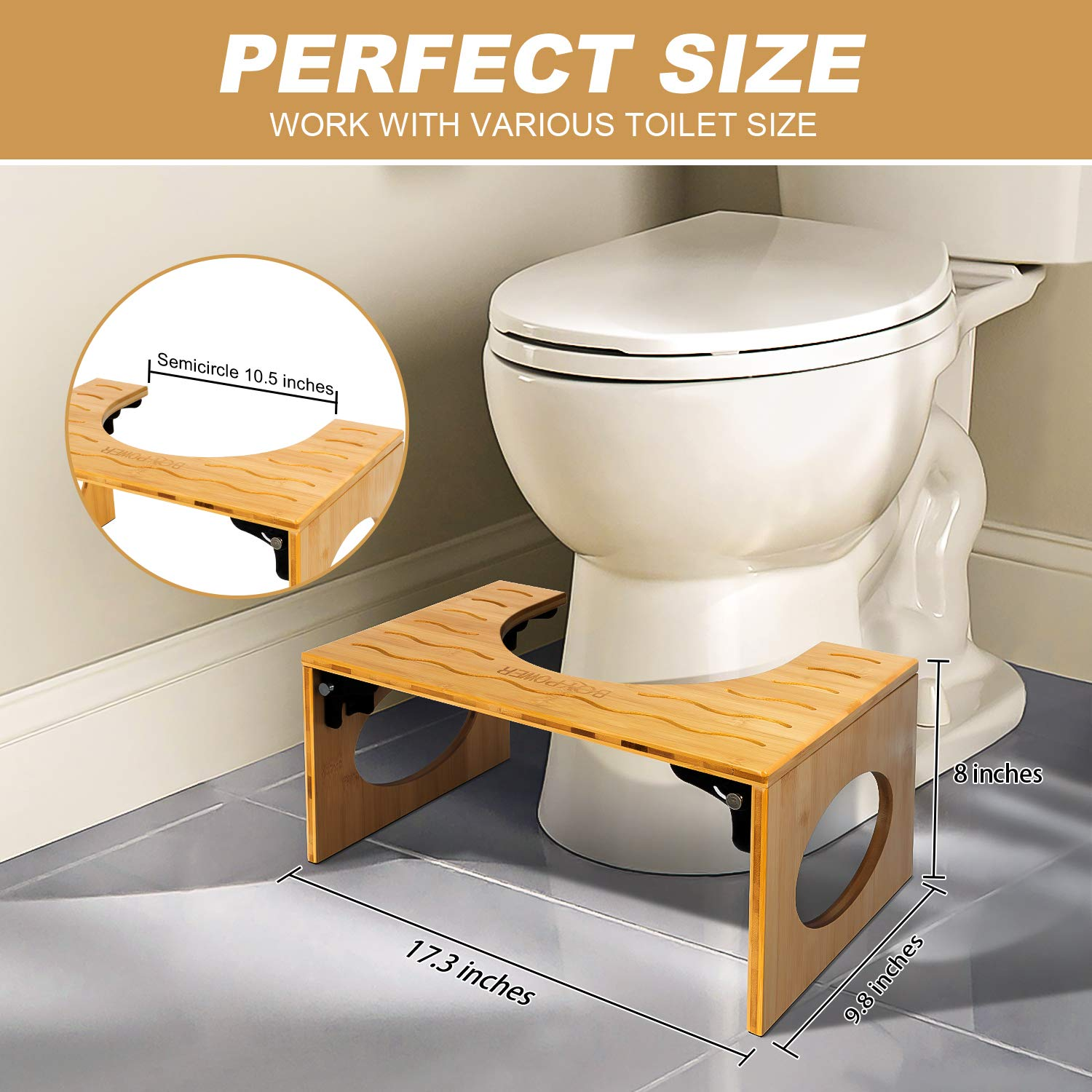 Squatting Toilet Stool, Bamboo 8 Inch Toilet Potty Stool, Foldable Bathroom Squatting Urinal with Non-Slip Mat for Adults Children