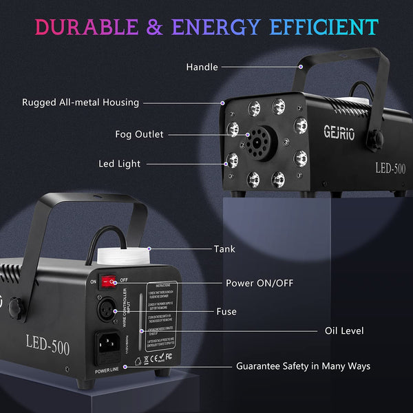 GEJRIO Fog Machine, 500W Smoke Machine with 16 Color Controllable Lights Effect, Wireless and Wired Remote Control with Preheating Light Indicator for Weddings, Halloween, Parties & Stage-Black
