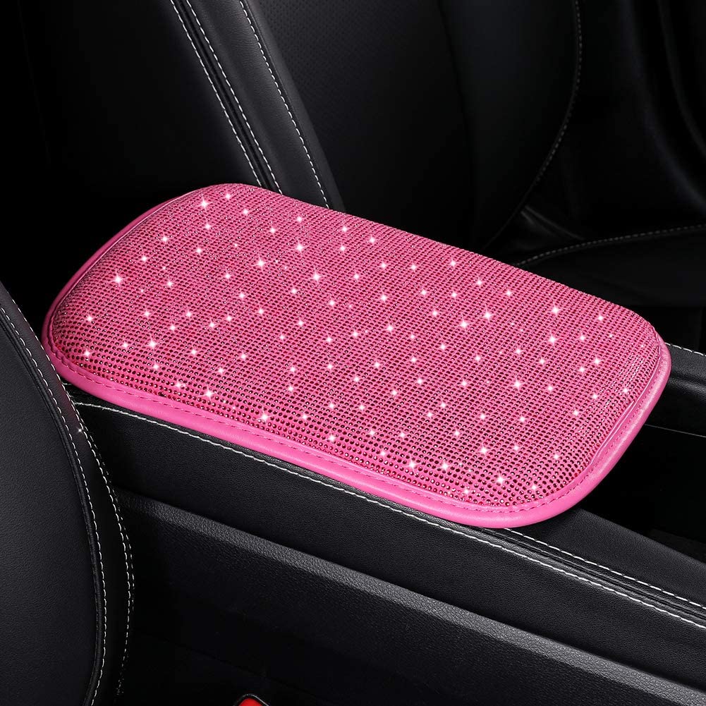 Women Fashion Bling Armrest Cover for Car, Soft Velvet & Diamonds Design Glitter Rhinestone Auto Center Console Cover Pad