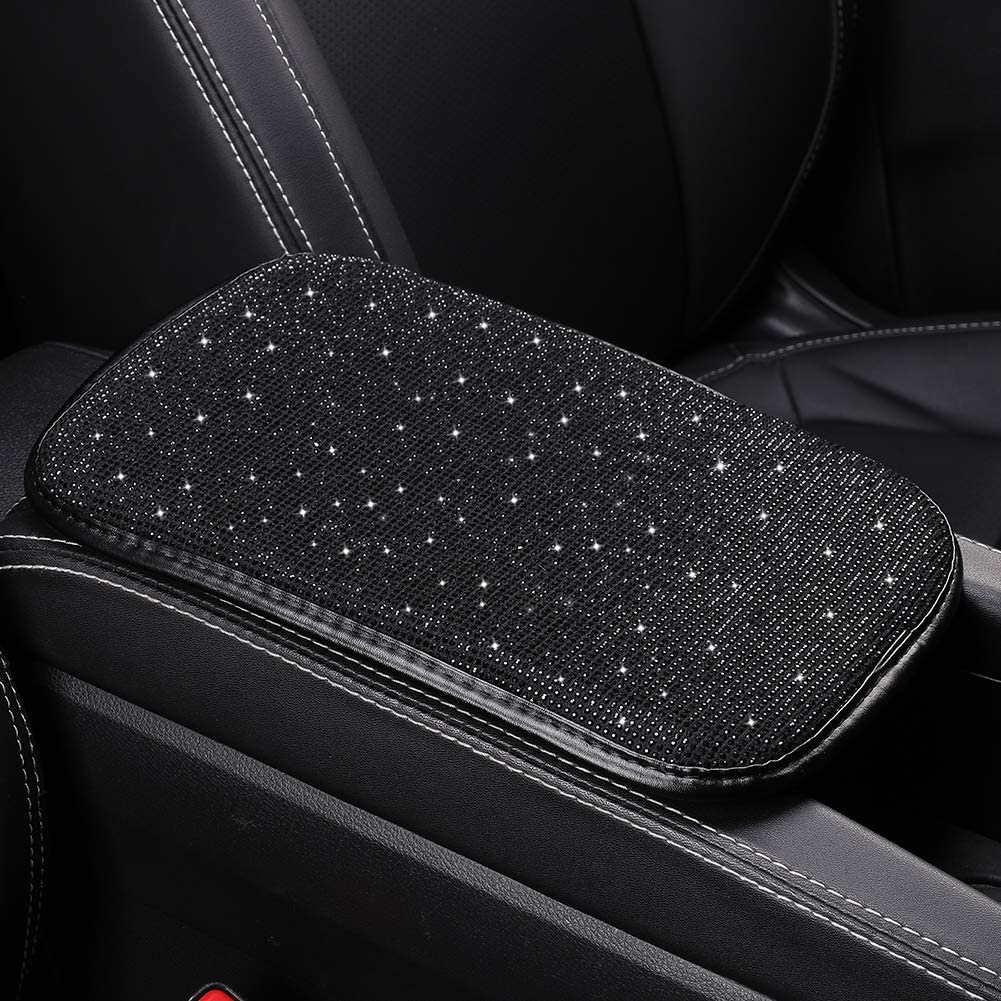 Women Fashion Bling Armrest Cover for Car, Soft Velvet & Diamonds Design Glitter Rhinestone Auto Center Console Cover Pad