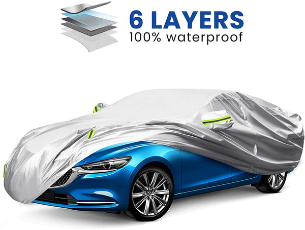 Sedan Car Cover Waterproof All Weather 6 Layers Car Cover for Automobiles Outdoor Indoor Full Car Covers with Zipper Hatchback Car Cover UV Protection Vehicle Cover Up to 185’’L x 70’’W x 60’’H