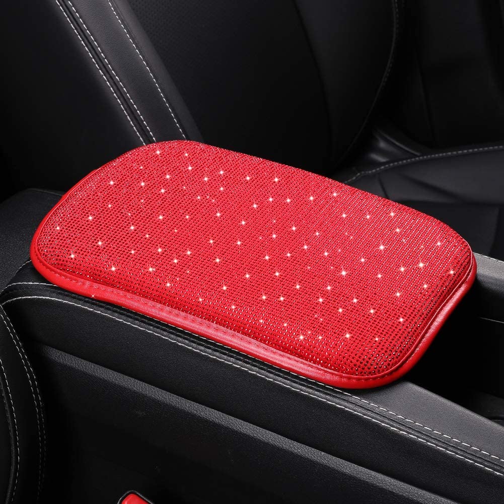 Women Fashion Bling Armrest Cover for Car, Soft Velvet & Diamonds Design Glitter Rhinestone Auto Center Console Cover Pad