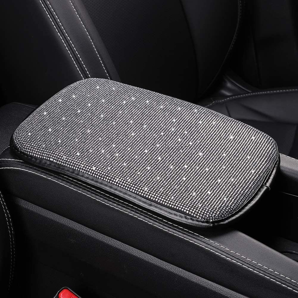 Women Fashion Bling Armrest Cover for Car, Soft Velvet & Diamonds Design Glitter Rhinestone Auto Center Console Cover Pad