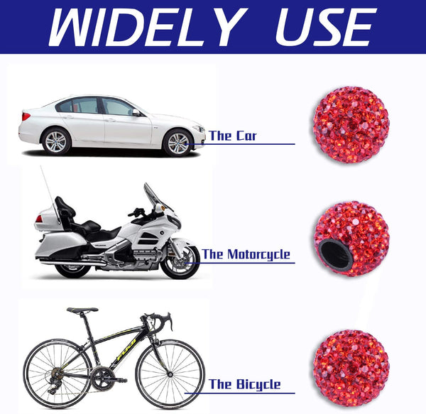 Car Wheel Tire Valve, 4 Pack Handmade Crystal Rhinestone Car Stem Air Caps Cover, Attractive Dustproof Bling Car Accessories, Universal for Cars, SUVs, Bicycle, Trucks and Motorcycles-Red