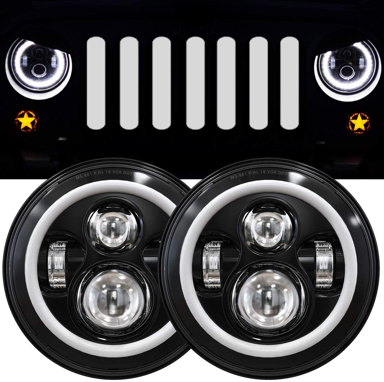 7 Inch LED Halo Headlights with Turn Signal Amber White DRL Compatible