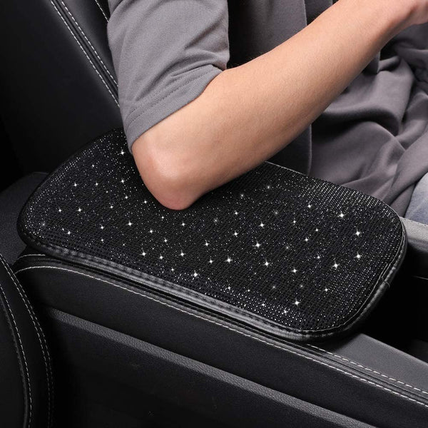 Women Fashion Bling Armrest Cover for Car, Soft Velvet & Diamonds Design Glitter Rhinestone Auto Center Console Cover Pad