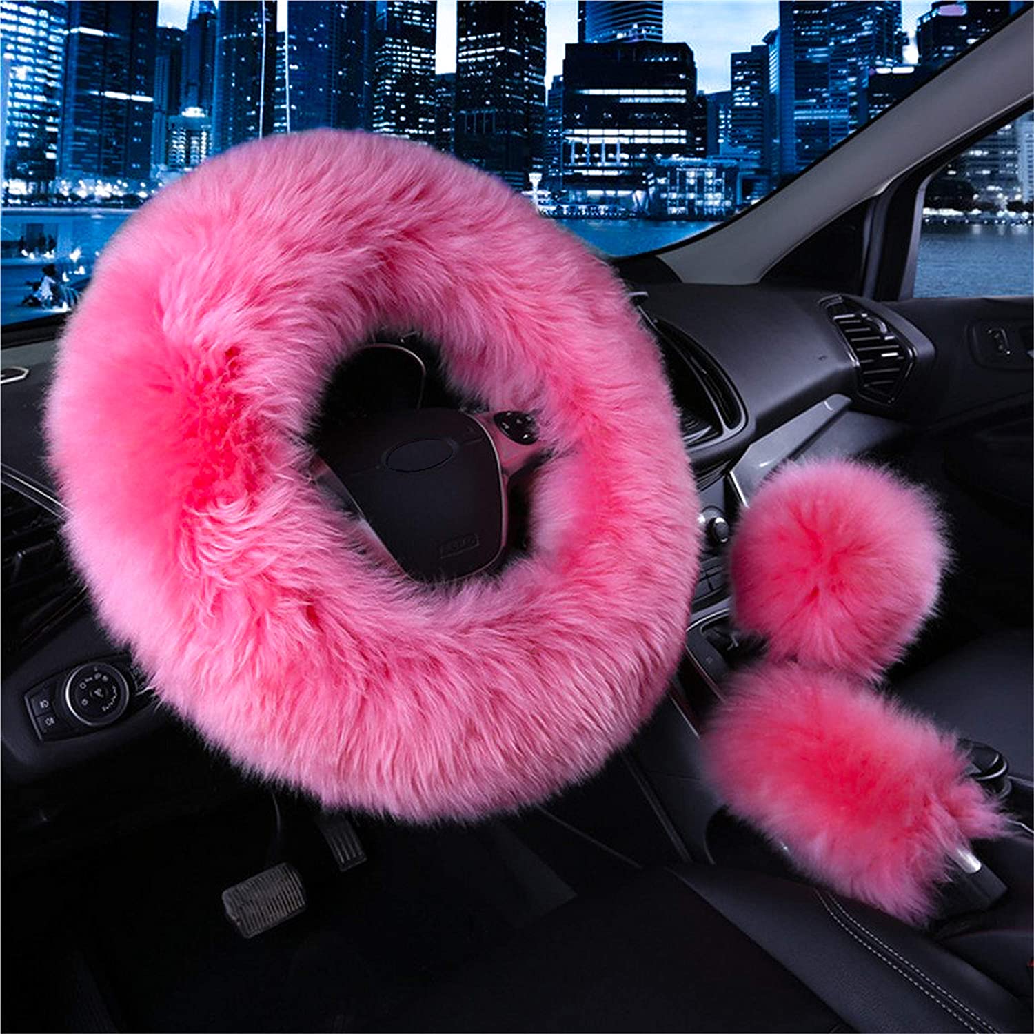 Yontree Cute Fluffy Steering Wheel Covers for Women/Girls/Ladies Australia  Pure Wool 15 Inch1 Set 3 Pcs (Pink)