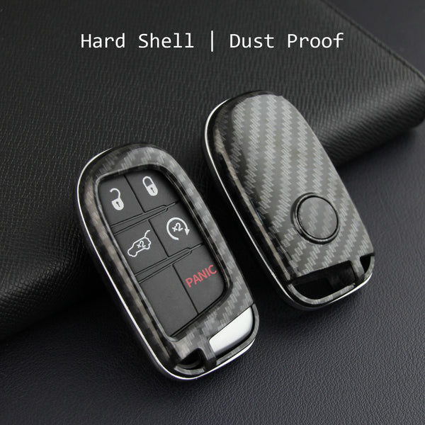 For Jeep Dodge Carbon Fiber Key Fob Chain Hard Cover Case Grand Cherokee Renegade Compass Charger Challenger Durango Journey