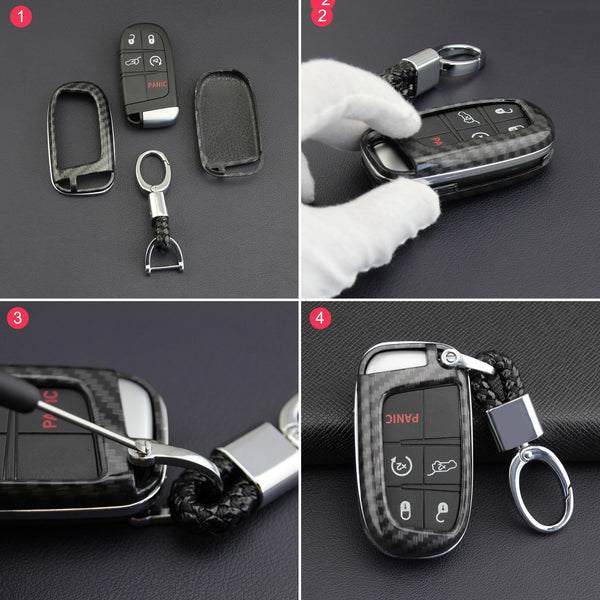 For Jeep Dodge Carbon Fiber Key Fob Chain Hard Cover Case Grand Cherokee Renegade Compass Charger Challenger Durango Journey