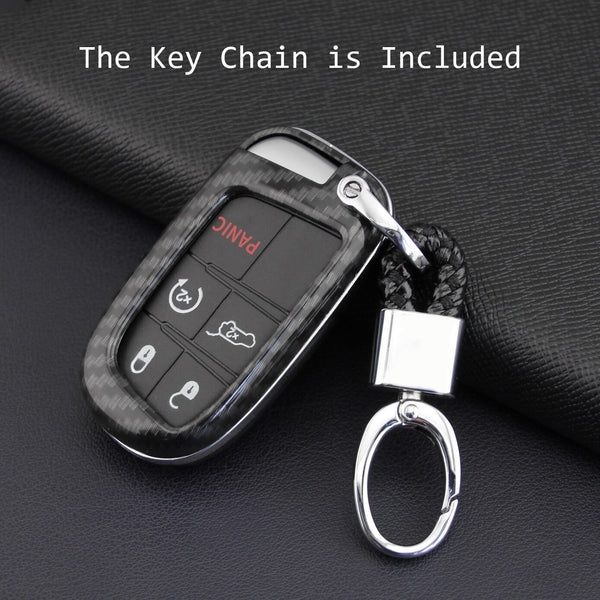 For Jeep Dodge Carbon Fiber Key Fob Chain Hard Cover Case Grand Cherokee Renegade Compass Charger Challenger Durango Journey